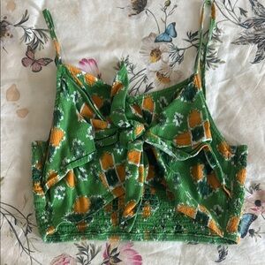 American Eagle Outfitters Green and Orange Smocked Crop Camisole